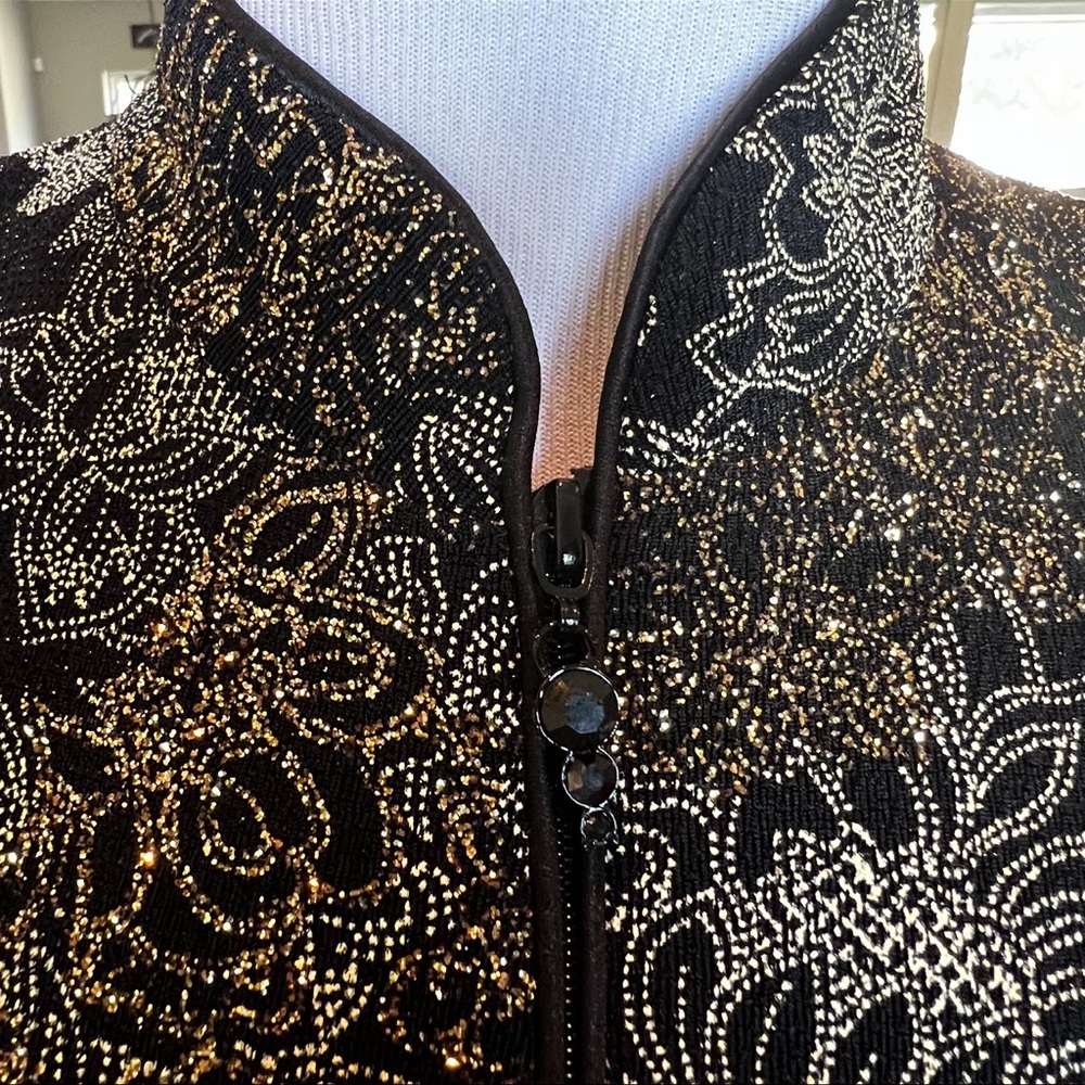 Jeanne Alexander Medium Vtg Zip front jacket gold metallic sparkle Shoulder pads - Picture 10 of 15